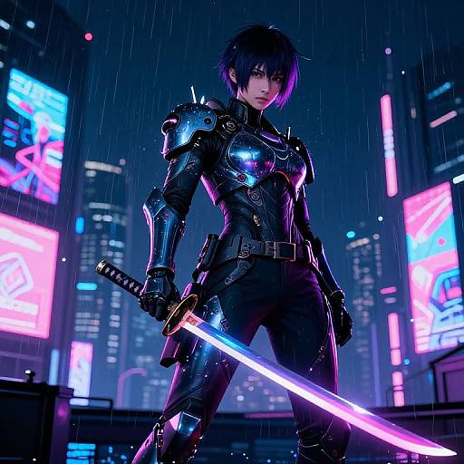 CGI anime-style image of a serious, rain-soaked female warrior with black hair, wearing black armored suit, holding glowing neon sword, standing in