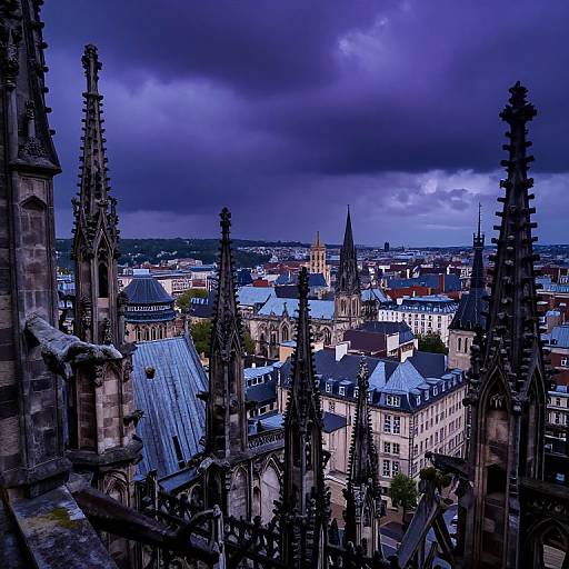 Photograph of a Gothic cityscape at dusk, featuring dark, stormy skies, intricate spires, and blue-roofed buildings below, capturing