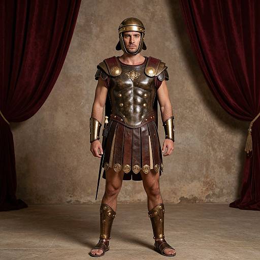 Photograph of a muscular, Caucasian man in ancient Roman gladiator armor, standing confidently against a textured, brown curtain backdrop.