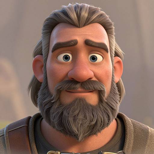 Digital CGI portrait of a bearded, middle-aged man with wide, expressive eyes, gray hair, and a friendly smile, wearing a brown leather jacket