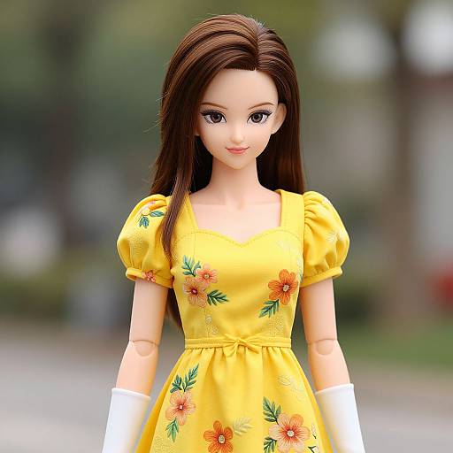 Photorealistic CGI doll with long brown hair, wearing a yellow floral dress, white gloves, standing outdoors with blurred green background.