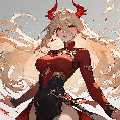 Red-Horned Anime Girl With Long Hair