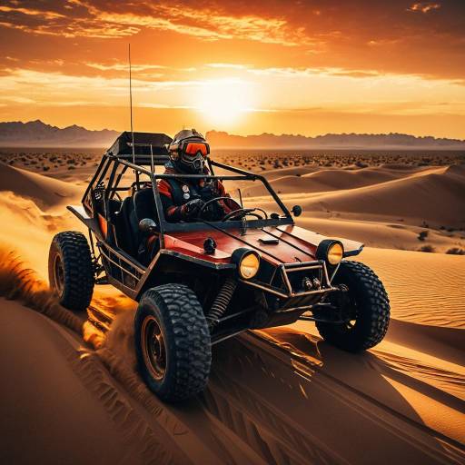 Desert Explorer Driving Armored Dune Buggy at Sunset