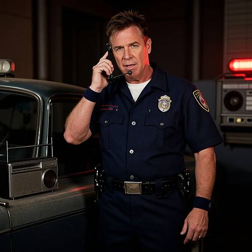 Photograph of a middle-aged, white, male police officer in a dark uniform, talking on a radio, standing by a police car at night.