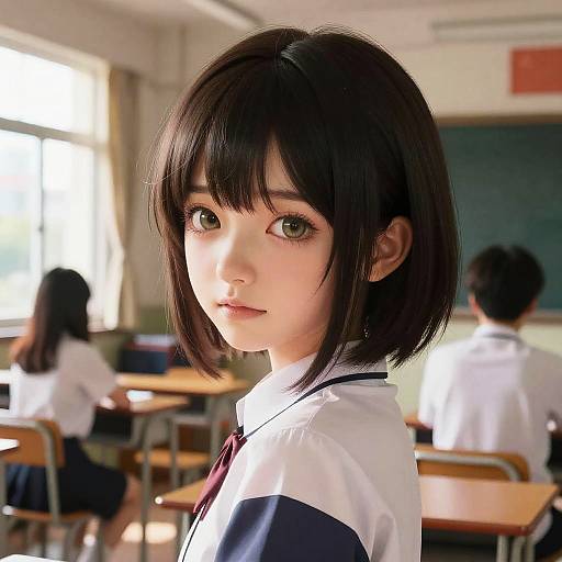 Digital anime-style drawing of a young Japanese girl with black bob haircut, green eyes, and white school uniform, looking back in a sunlit classroom with