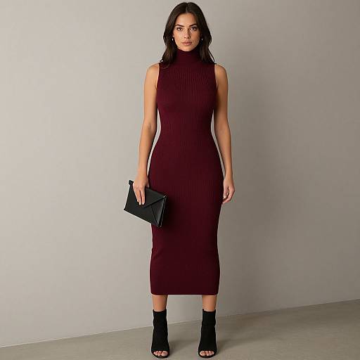 Photograph of a woman with dark hair, wearing a sleeveless, form-fitting maroon ribbed dress, black ankle boots, and holding a
