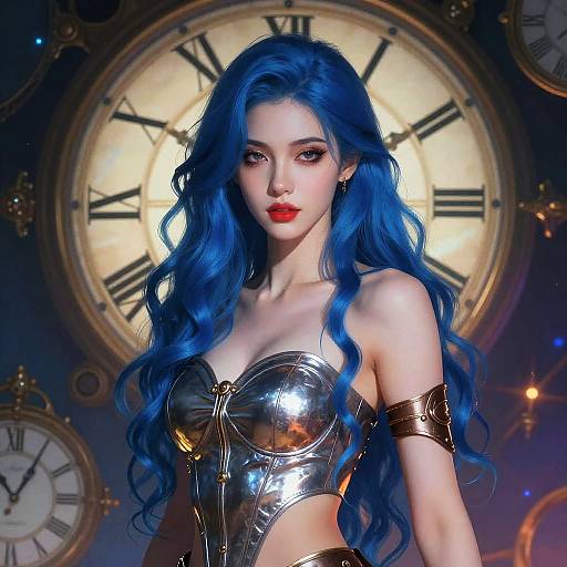 Digital artwork of a fair-skinned, blue-haired woman with red lips, wearing a shiny silver top and arm band, standing before large, glowing clock