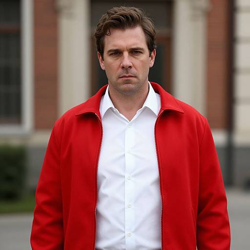 Photograph of a serious-looking man with short brown hair, wearing a vibrant red jacket over a white dress shirt, standing in front of a blurred brick