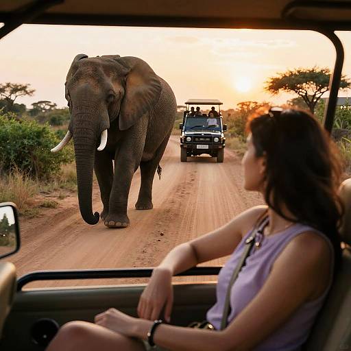 Photograph of a woman in a safari vehicle at sunset, with an elephant walking towards a jeep on a dirt road.