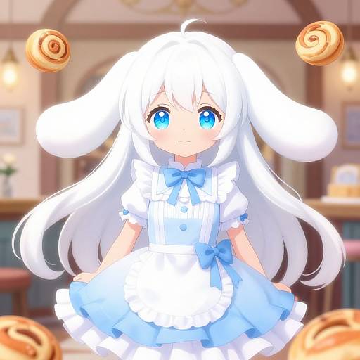 Anime-style digital drawing of a cute, white-haired girl with blue eyes, wearing a blue and white frilled dress, surrounded by floating pastries in