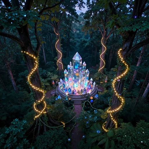 Photograph of a glowing, multi-colored crystal castle illuminated by blue, white, and yellow lights, surrounded by forest trees adorned with twisted yellow string lights