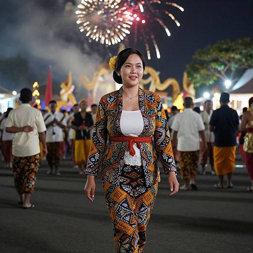 Photograph of a smiling Asian woman with black hair in vibrant patterned pantsuit and red belt, walking at night festival, fireworks in background, crowd