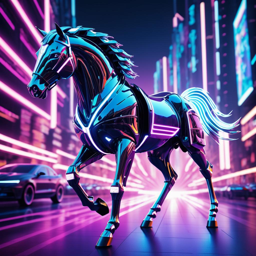 Cinematic Synthwave Robot Horse in Cyberpunk