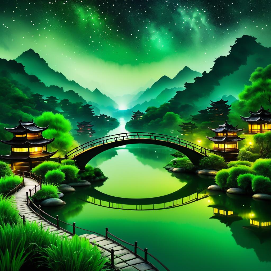 Taoist Night Scene: Bridge Over Lake