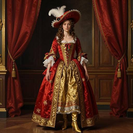 Baroque Style Woman in Ornate Red and Gold Dress