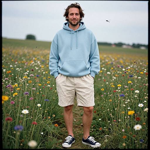 Photograph of a bearded man with curly brown hair, wearing a light blue hoodie, white shorts, and navy sneakers, standing in a colorful wild