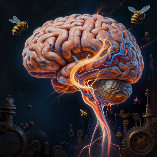 Digital art of a glowing, electrified human brain with vibrant orange and blue neural pathways, surrounded by buzzing bees, set against a dark, industrial background