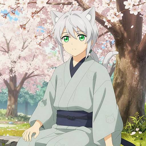 Anime Cat Boy in Cherry Blossom Garden
