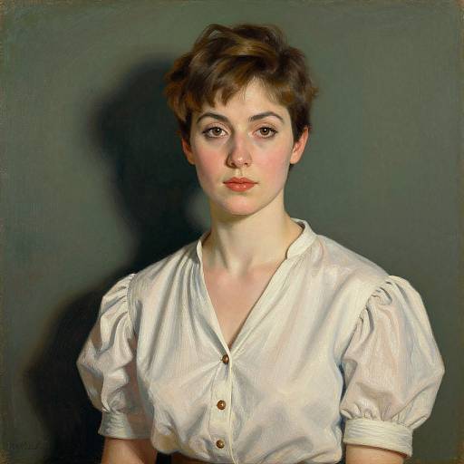 Realistic oil painting of a young woman with short brown hair, fair skin, and brown eyes, wearing a white, buttoned, puffed-s