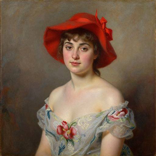 19th-century portrait of a fair-skinned woman with dark brown hair, wearing an off-the-shoulder, floral lace dress and a red hat