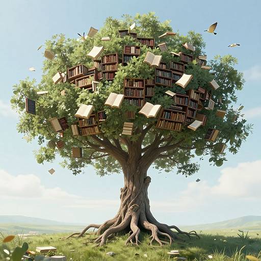 Digital illustration of a giant tree with book-filled nooks, books floating, butterflies flying, and a clear blue sky background.