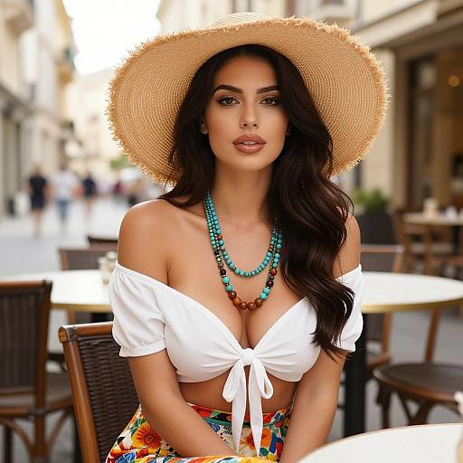 Photograph of a beautiful woman with long dark hair, tan skin, wearing a straw hat, white off-shoulder crop top, turquoise bead necklace