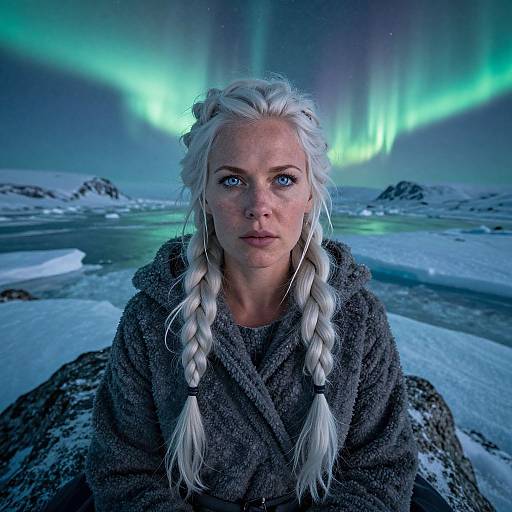 Photograph of a pale-skinned woman with long, braided white hair, blue eyes, and wearing a gray, woolen cloak, standing in