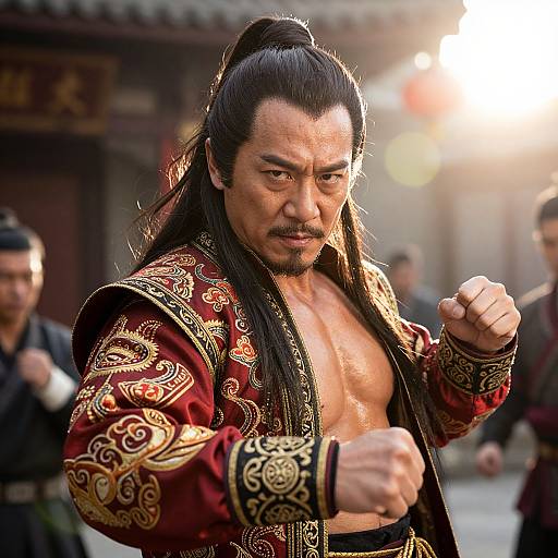 Photograph of a muscular Asian man with long black hair in an ornate red and gold traditional Chinese martial arts jacket, punching forward with intense expression in