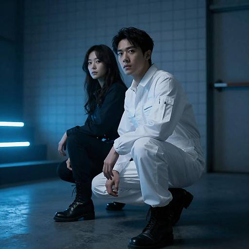 Crouched Duo in Blue Industrial Light