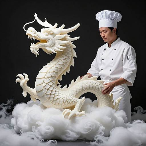 Photograph of an Asian male chef in white uniform and hat, standing beside a detailed, white dragon sculpture, surrounded by swirling fog. Dark background.