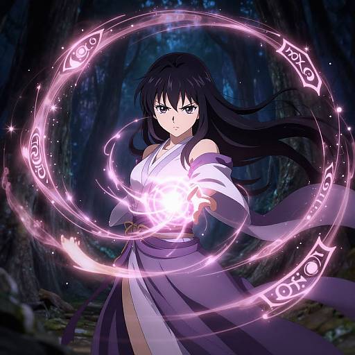Anime-style drawing of a black-haired woman in a white and purple kimono casting a glowing magical circle in a dark forest.