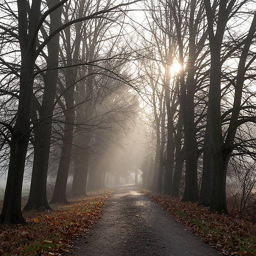 Photograph of a foggy, leaf-strewn forest path with tall, bare trees and sunlight filtering through branches, creating a misty, eth