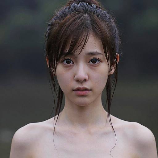 Photograph of a young Asian woman with fair skin, dark hair in a loose bun, and bare shoulders, standing against a blurred, dark green background