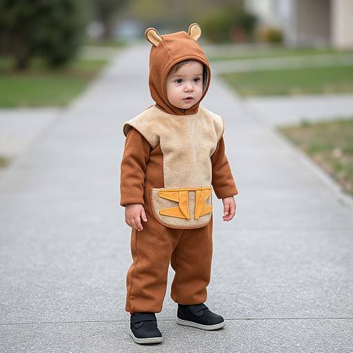Photograph of a young child in a brown bear onesie with a hood, orange chest pocket, and black shoes, standing on a suburban sidewalk.