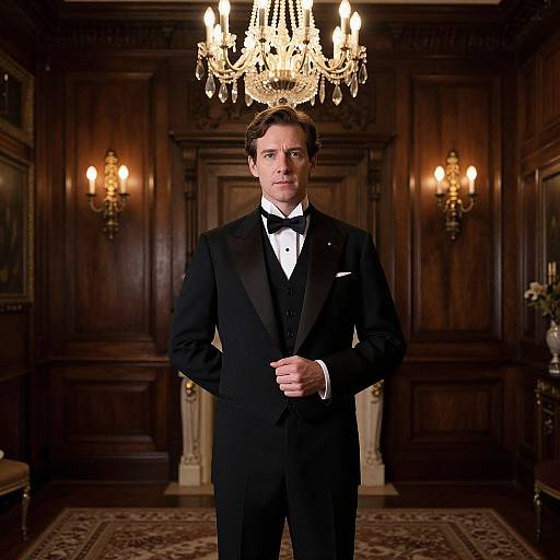 Photograph of a handsome man in a black tuxedo, standing in a luxurious, dimly-lit wood-paneled room with a crystal ch