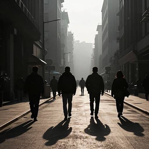 Silhouetted people walking down a sunlit urban street, casting long shadows; high-rise buildings on both sides, bright white sky above. Photograph
