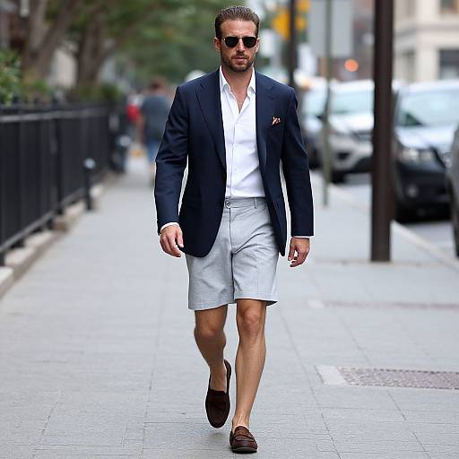 Photograph of a stylish man with sunglasses, dark blazer, white shirt, and shorts, walking confidently down a city street.