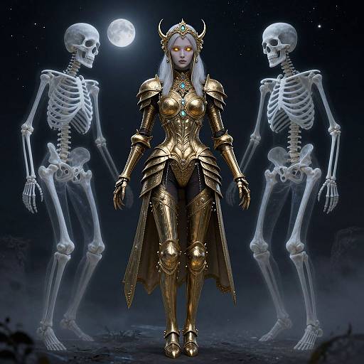 Digital artwork of a glowing-eyed, armored female warrior with horns, flanked by two translucent, skeletal figures under a moonlit night sky.