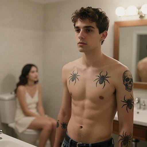 Shirtless Young Man with Tattoos in Bathroom