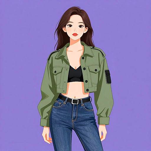 Stylish Woman in Cropped Green Military Jacket and Denim Jeans