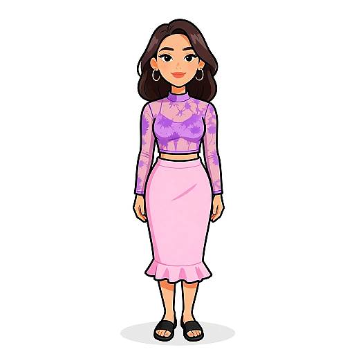 Digital illustration of a young woman with fair skin, black wavy hair, wearing a sheer purple long-sleeve top and pink knee-length skirt,