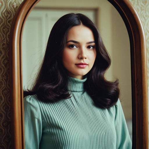 Woman in 70s Modest High-Neck Blouse Reflection
