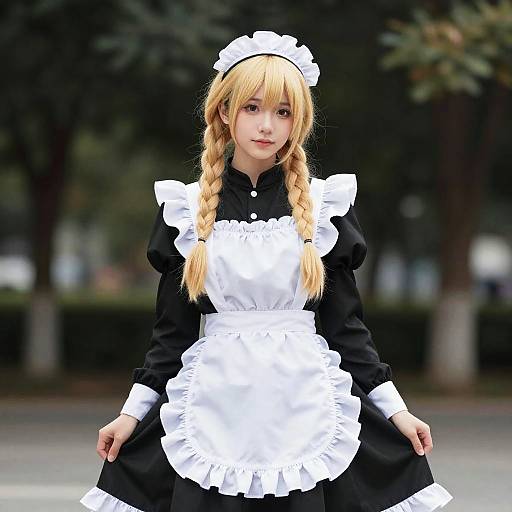 Photograph of a young woman with long blonde braids, wearing a black and white French maid outfit, standing in a blurred outdoor park.