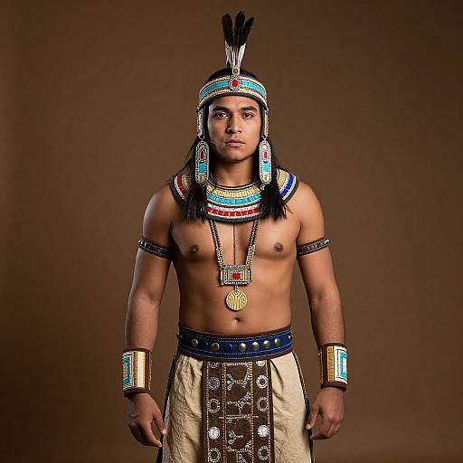 Photograph of a shirtless Native American man in traditional regalia, featuring colorful beaded headgear, necklace, armbands, and decorated lo