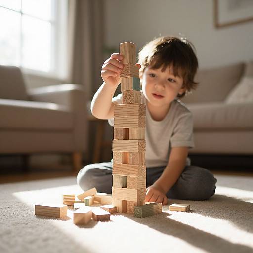 Photograph of a young boy with curly brown hair, wearing a white shirt and blue jeans, building a wooden tower on a sunlit carpet in a