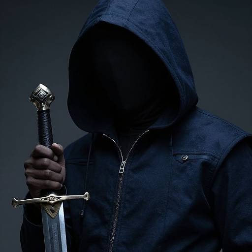 Mysterious figure in dark hooded jacket holds a silver sword with a jeweled hilt, face obscured by shadowy darkness. Photographic image.
