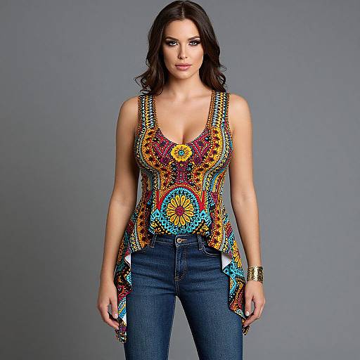 Photograph of a woman with long dark hair, wearing a vibrant, multicolored, floral-patterned tank top with a deep V-neck, and