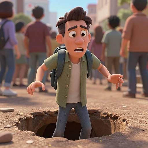 3D CGI cartoon of a nervous boy with short brown hair, green shirt, blue jeans, and backpack, standing in a large hole on a busy