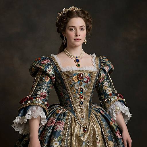 Photograph of a young woman in elaborate Renaissance-style gown with floral embroidery, gold accents, lace trim, pearl necklace, blue gemstone pendant, and