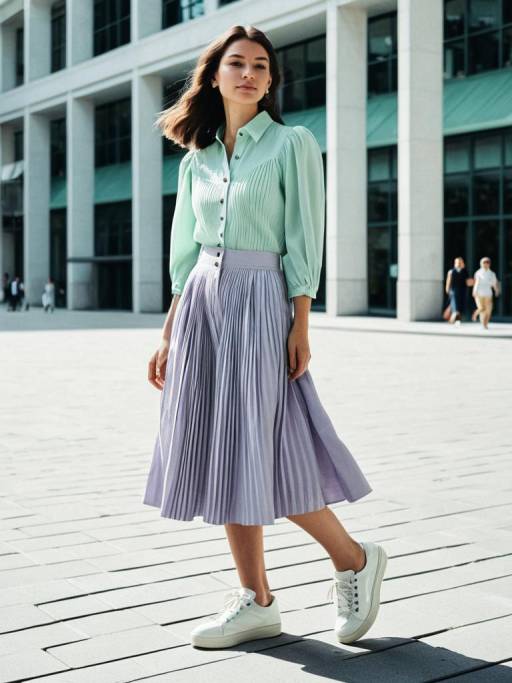 Woman in Mint Green Blouse and Lilac Pleated Skirt